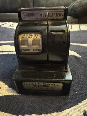 Vintage Uncle Sam 3 Coin Cash Register Bank Metal Nickels Dimes Quarters