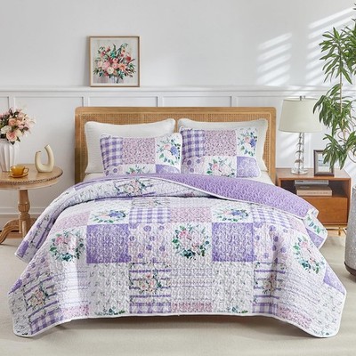 Joyreap 3 Pieces Floral Quilt Set Queen, Patchwork Queen-90''x90'', Purple 