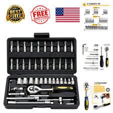 Socket Wrench Set 46 Piece 1/4 Inch Drive Metric Ratchet Tool Kit with Storage