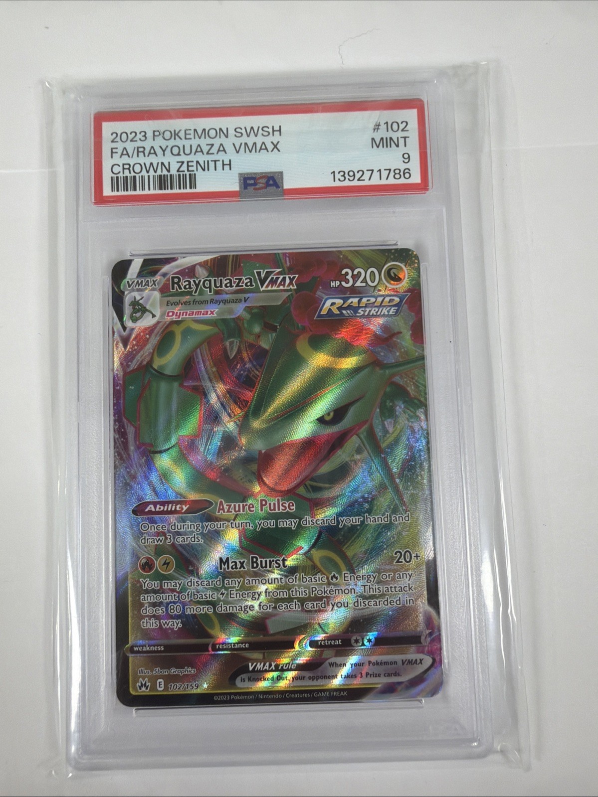 2023 PSA 9 RAYQUAZA VMAX 102/159 FULL ART CROWN ZENITH POKEMON TCG Mint