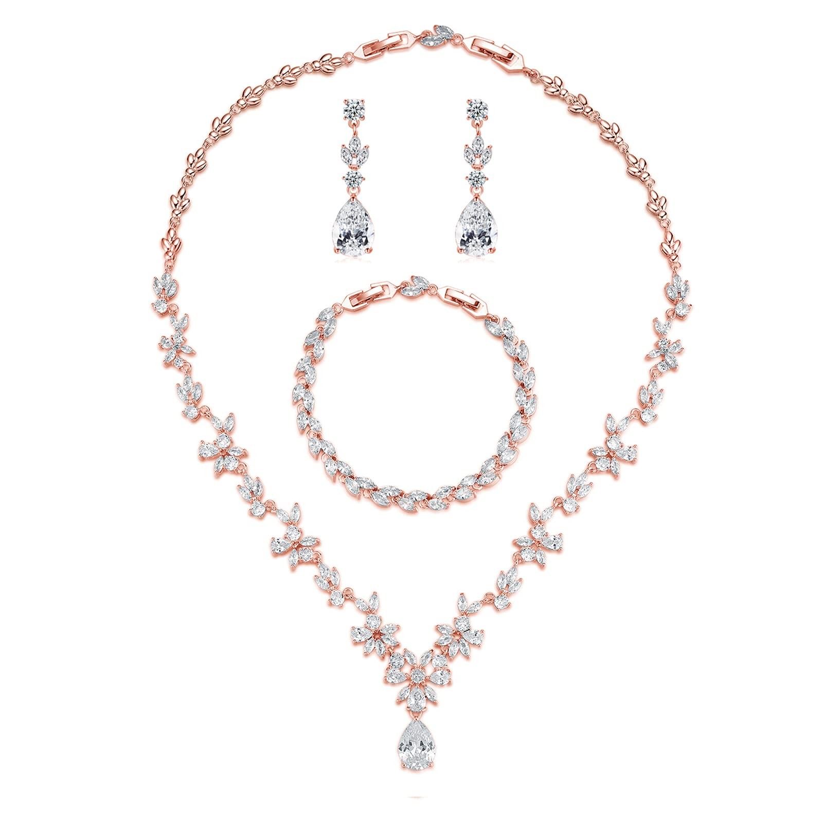 Bridal Jewelry Set Silver Necklace Earrings Bracelet Cubic Zirconia Wedding P...