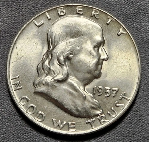 1957-D 50C Franklin Half Dollar Uncirculated Nice Luster 90% Silver  Check Bell