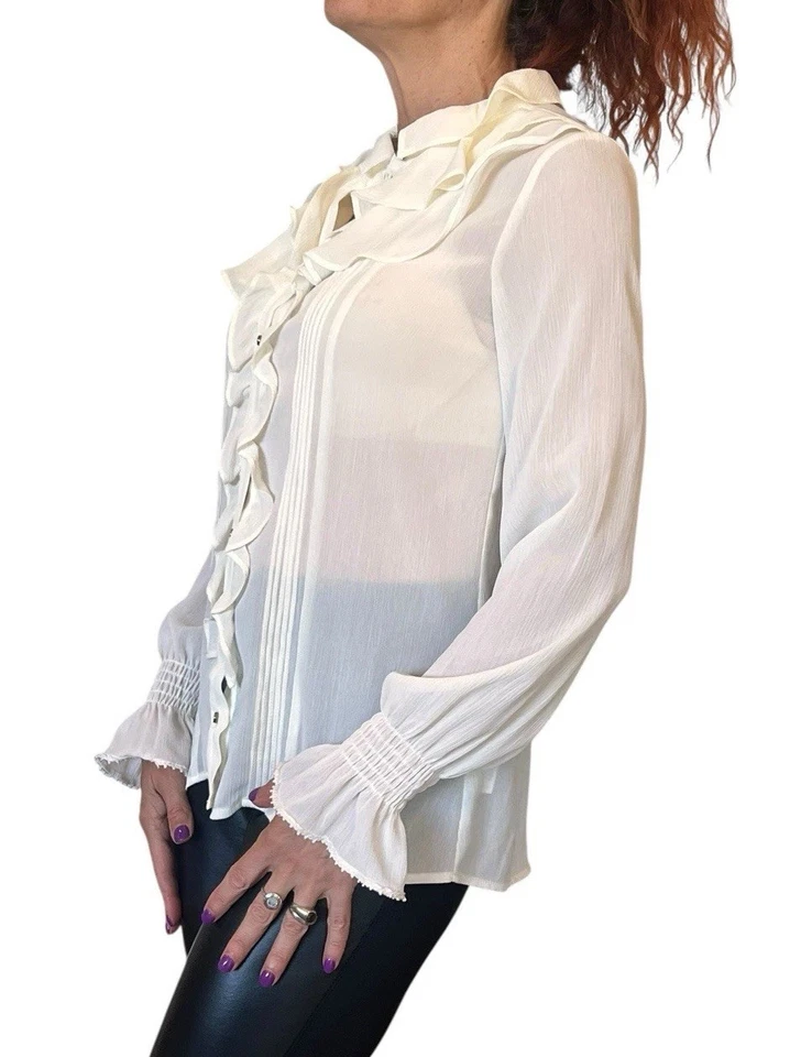 BLUSA ZARA SEMI TRANSPARENTE VOLANTES MANGA LARGA BOTÓN DORADO ROMÁNTICO 9878/061 XS NUEVA CON ETIQUETAS Foto 4 de 4