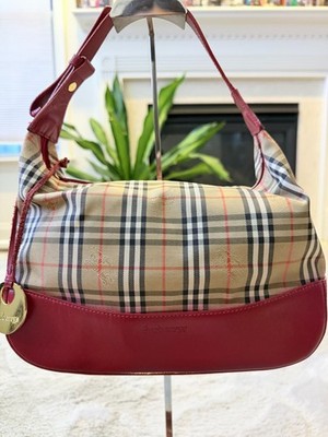 Vintage Burberrys Nova Check Hobo Bag Red Leather Trim Canvas