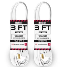 3 Ft White Extension Cord 2 Pack - 16/2 Durable Electrical Cable