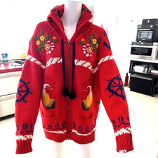 Gucci Red wool cardigan ,embroidered with Roosters ,flowers and Tiger. M