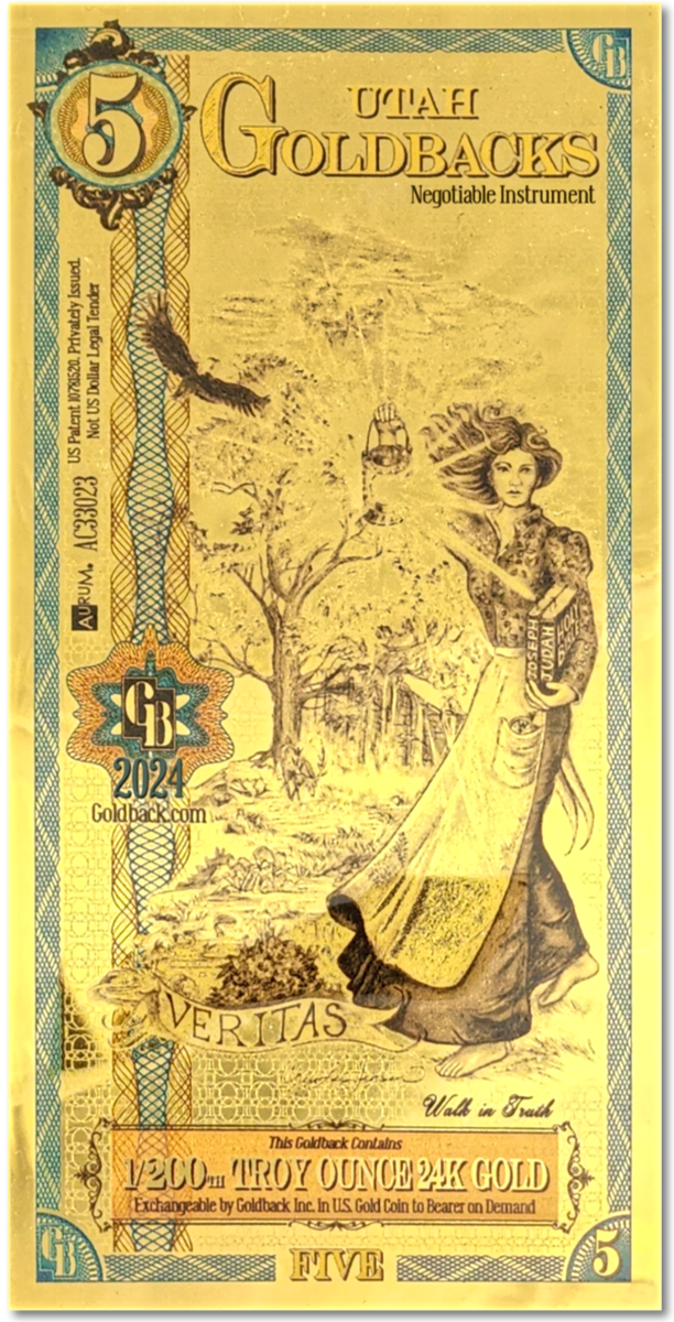 Utah 5 Goldbacks 999 Fine Gold Back Foil Note 24KT Currency 1