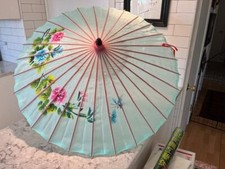 Vintage Asian Rice Paper Oriental Umbrella Bamboo Handle/Hand-painted Flowers