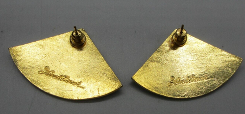 Vintage Laurel Burch Earrings Blue Enamel Gold Tone Rounded Triangles 1.5" - Picture 7 of 9