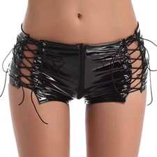 Women's PVC Leather Wet Look Low Waist Zipper Shorts Lace-up Hot Pants Clubwear