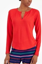 Jenni Women  s Long Sleeve Red Ribbed Split-Neck Pajama Top Size M