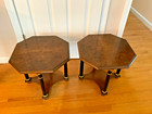 Pair Vintage Baker Small Burl Walnut French Empire Occasional Side Table octagon