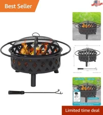 Crossweave Patterned Fire Pit Set with Spark Screen and Cover - Durable Steel