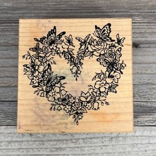 Unbranded Floral Heart Wreath With Butterflies Mounted Wood Rubber Stamp