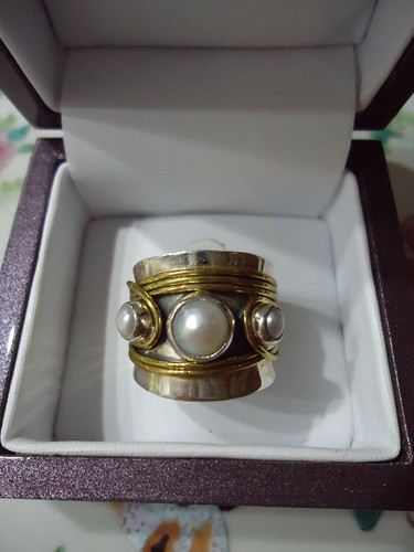 Fabulous Huge Pearl Silver 925 Wrapped Gilt Wire Statement Ring UK N - USA 6.1/2 - Picture 4 of 10