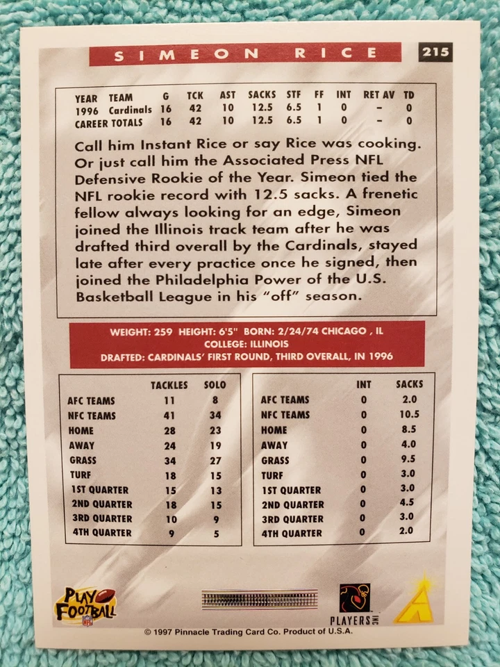 1997 SCORE SIMEON RICE #215 ARIZONA CARDINALS  - Image 3 of 4