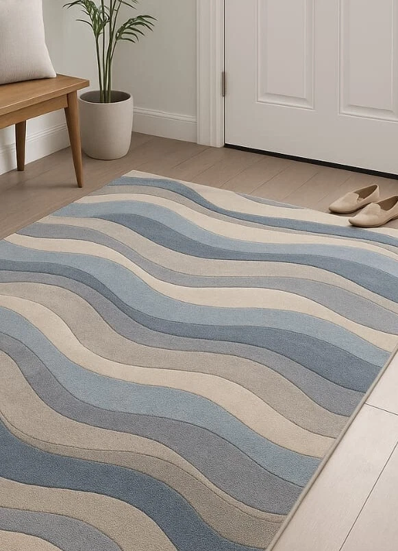 Alfombra de lana acolchada a mano con patrón ondulado moderno azul, beige y gris para sala de estar Foto 2 de 4