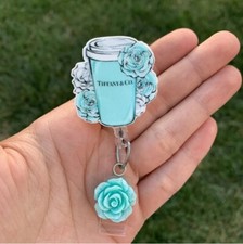 Tiffany Co Floral Coffee Badge Reel Holder Retractable Handmade ID Clip