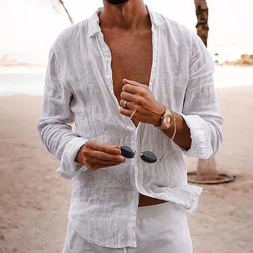 Mens Casual Cotton Linen Shirt Long Sleeve Loose Blouse Button Down Shirts-Tops - Picture 11 of 33