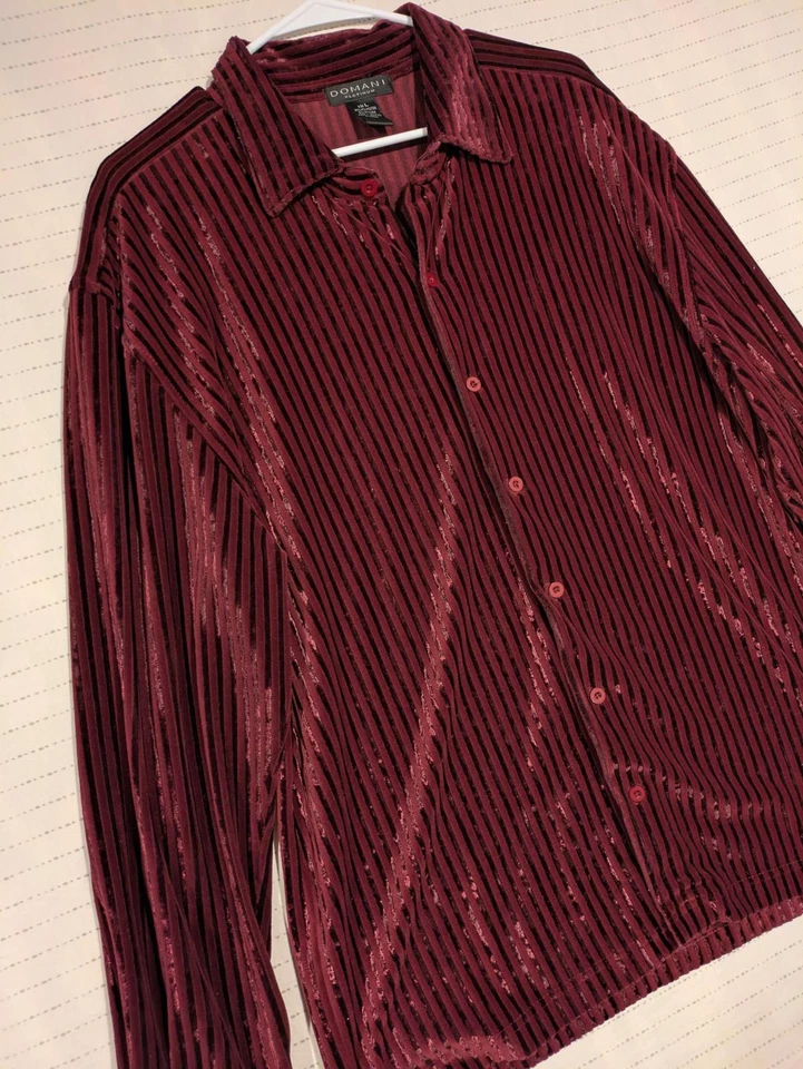 Domani Platinum Velvet Striped Shirt Rich Burgundy Mens Large Polyester Spandex - Image 3 of 4