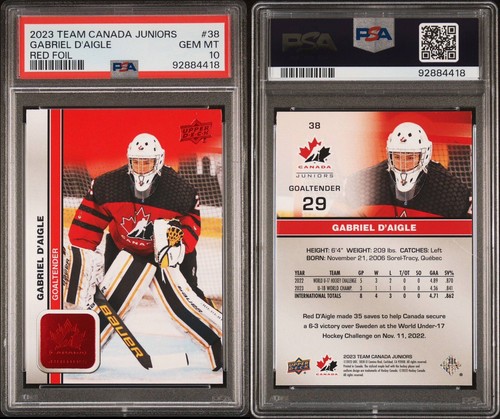 2023 UD Team Canada Juniors Men's U-18 Red Foil Gabriel D'Aigle #38 PSA10 💎🔥💎 - Picture 3 of 3