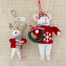 Set of 2 Felted Mice Christmas Ornaments, Wreath & tree, Holiday Lane, NWT