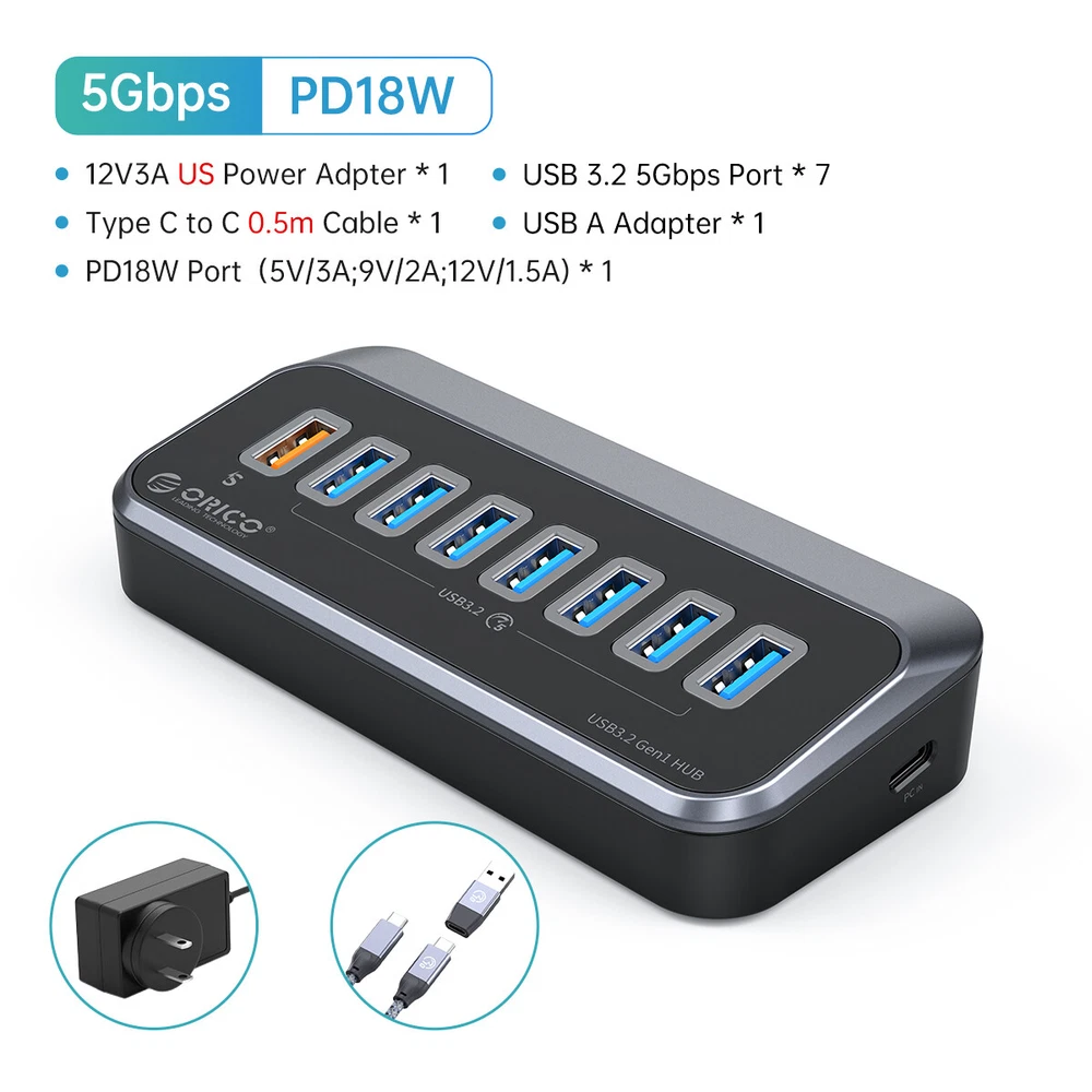 ORICO 4-Port USB 3.0 Hub with 1.64ft USB-C Cable and USB-A Adapter  