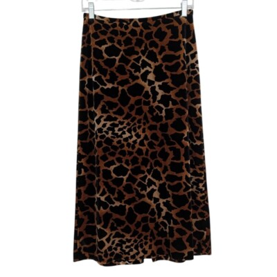 Vintage Clio Animal Print Midi Velour Skirt Womens Size 4 27 Waist Brown Stretch