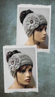 handmade crochet womans messy bun hat flower beanie fading gray new