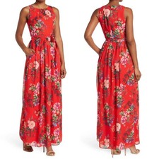 NEW ELIZA J Red FLORAL Chiffon SLEEVELESS Belted MAXI DRESS US 2