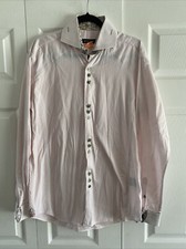 Bogosse Mens Meidum Pink Dress Shirt Green Stitch Cotton Church Brunch