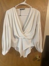 Boohoo Bodysuit Womens US Size 10 White Wrap Chiffon Split Sleeve