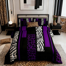 Leopard Print Comforter Set Full Size,Zebra Skin Texture Black White Bedding Set