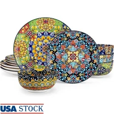 Bohemian Dinnerware Set 12 Piece Colorful Ceramic Plates Bowls Housewarming Gift