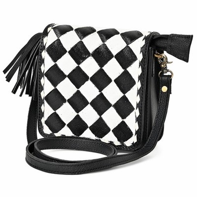 OH OHLAY Mini Checkered Leather Crossbody Bag Black & White Graphic Fringe