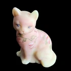New Listing​Vintage Fenton Satin Art Glass Cat Figurine Hand Painted Pink Daisy Floral