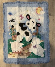 VINTAGE Farm Animal Embroidered Cotton Crib Quilt Blue Ruffle Border Multicolor