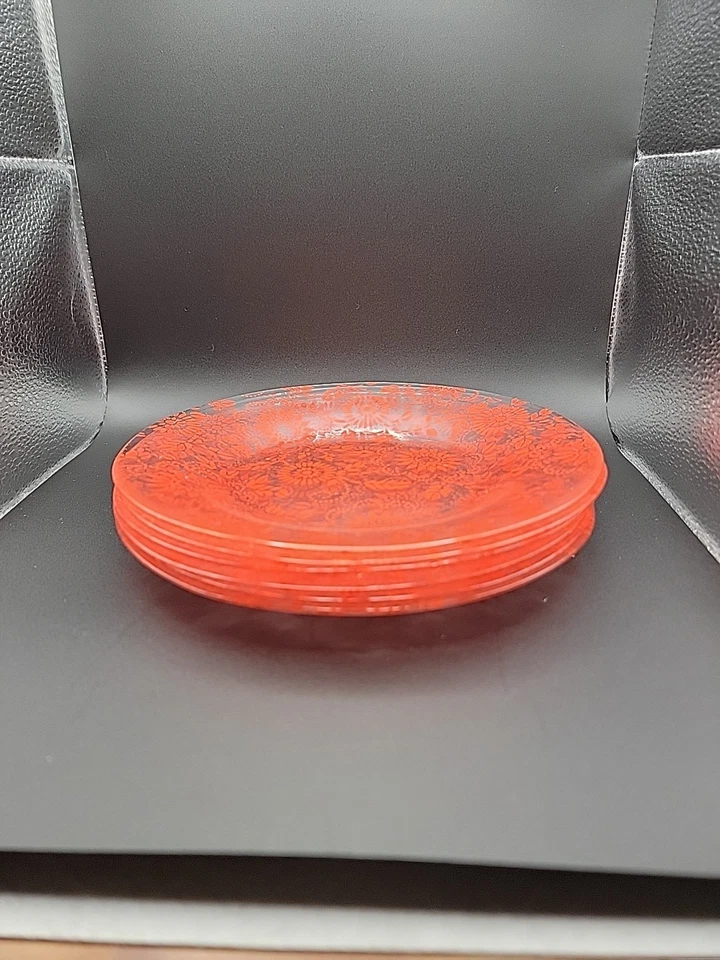Lindo Juego de 6 Platos de Vidrio Kitchy 8x8 con Patrón Floral Rojo Brillante Sin Marca Foto 2 de 3