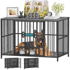 Foldable Luxury Pet Crate Indoor Decor Dog Kennel with Secure Lock Feeding Bow