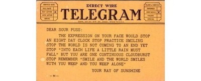 1941 Telegram Postcard Dear Sour Puss Cheer Up Message-Con. P. Co. Chicago