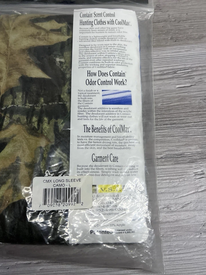 Contain Hunting Shirt Coolmax Camo Long Sleeve Size L NIP Built in Deodorant #1 - Image 4 of 4