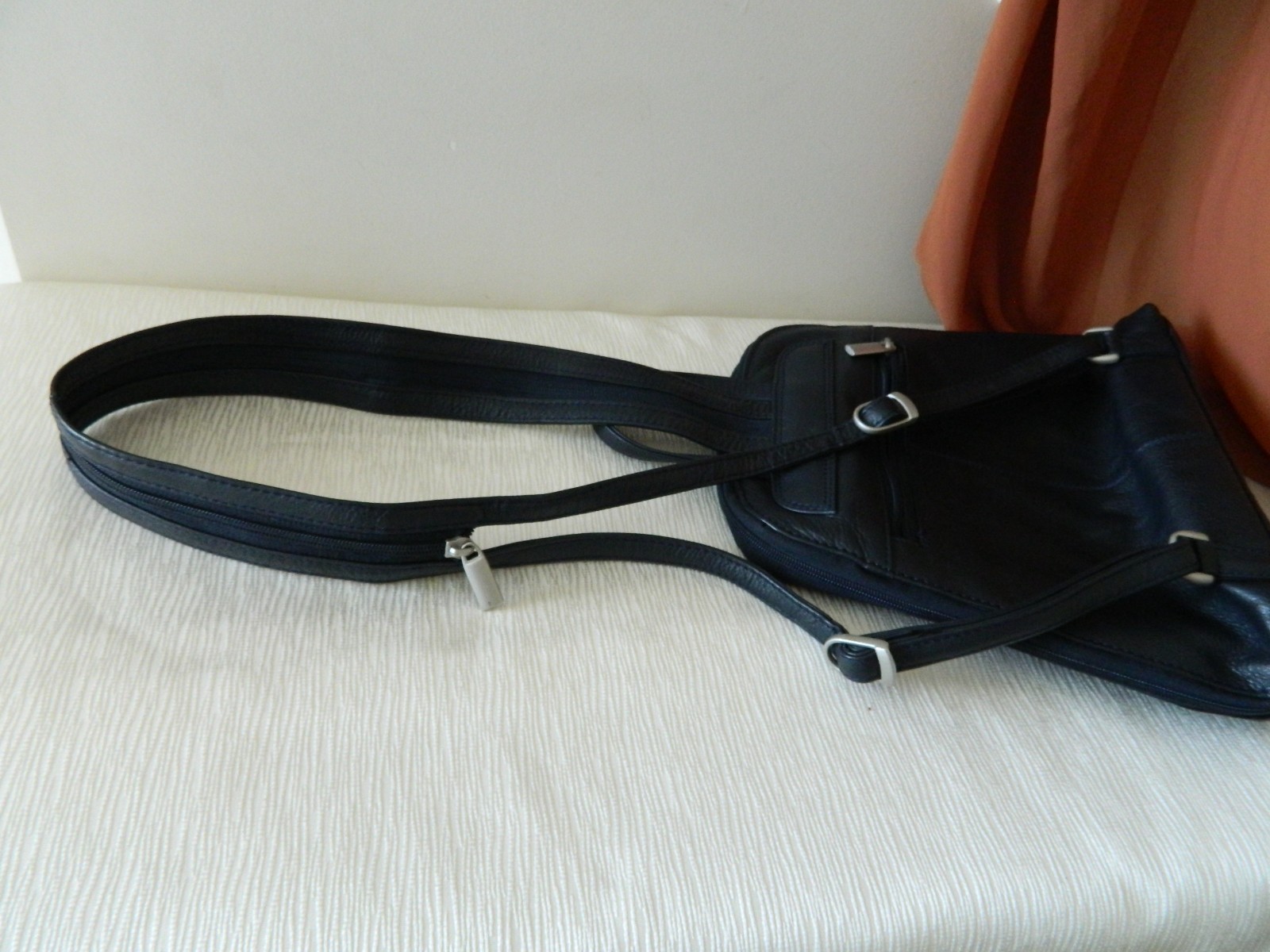 GENUINE LEATHER BACKPACK Trapezoid Solid Black Me… - image 7