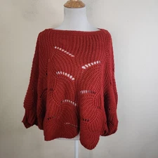 Elodie Women's Rust Red Cropped Crochet Dolman Sleeve Sweater Size Large