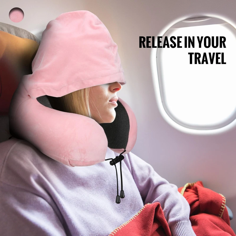 Ultra-Soft Velvet Travel Neck Pillow with Hood for Airplanes & Long Trips