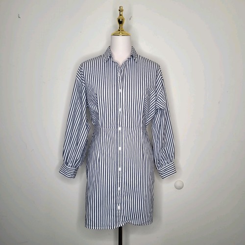 Express Sz S Gray White Striped Fitted Poplin Long Sleeve Mini Shirt Dress - Picture 4 of 9
