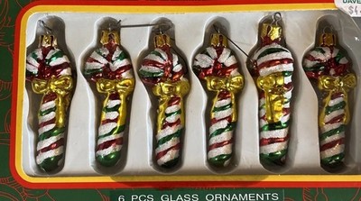 Vintage Kurt Adler Glass Candycane With Gold Bows Christmas Ornaments