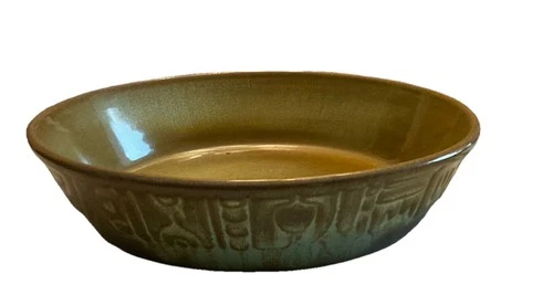 Vintage Frankoma Pottery 8" Round Mayan Aztec Serving  Bowl Prairie Green #7N