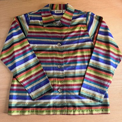 VTG Chico's Design 100% Silk Vibrant Multicolor Striped Button Front Jacket M/L