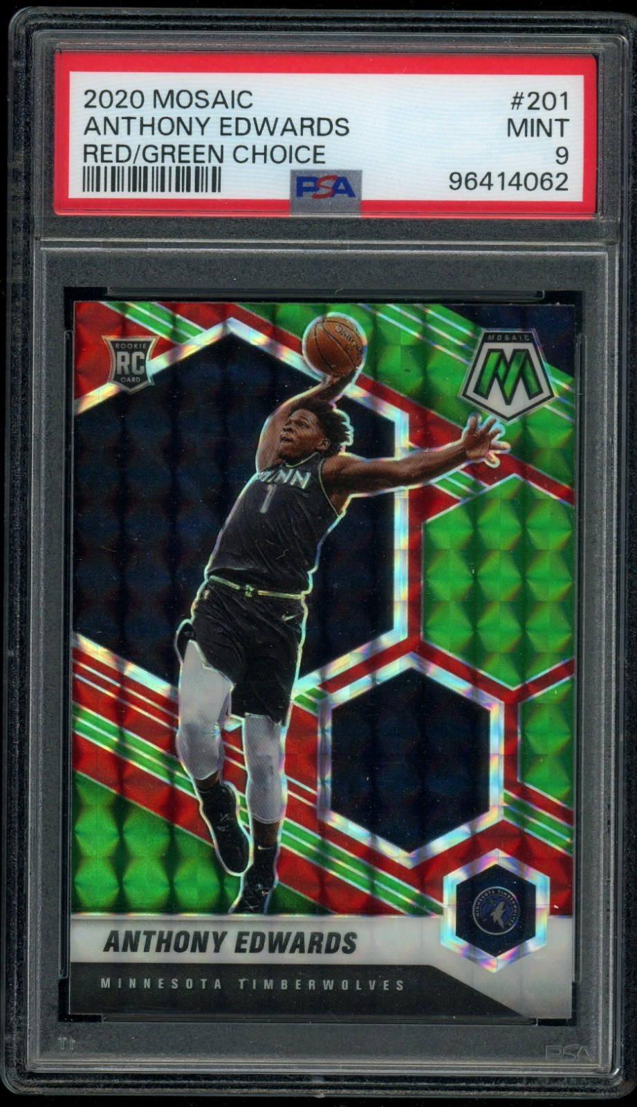 2020-21 Panini Mosaic Red Green Choice Prizm #201 Anthony Edwards RC PSA 9