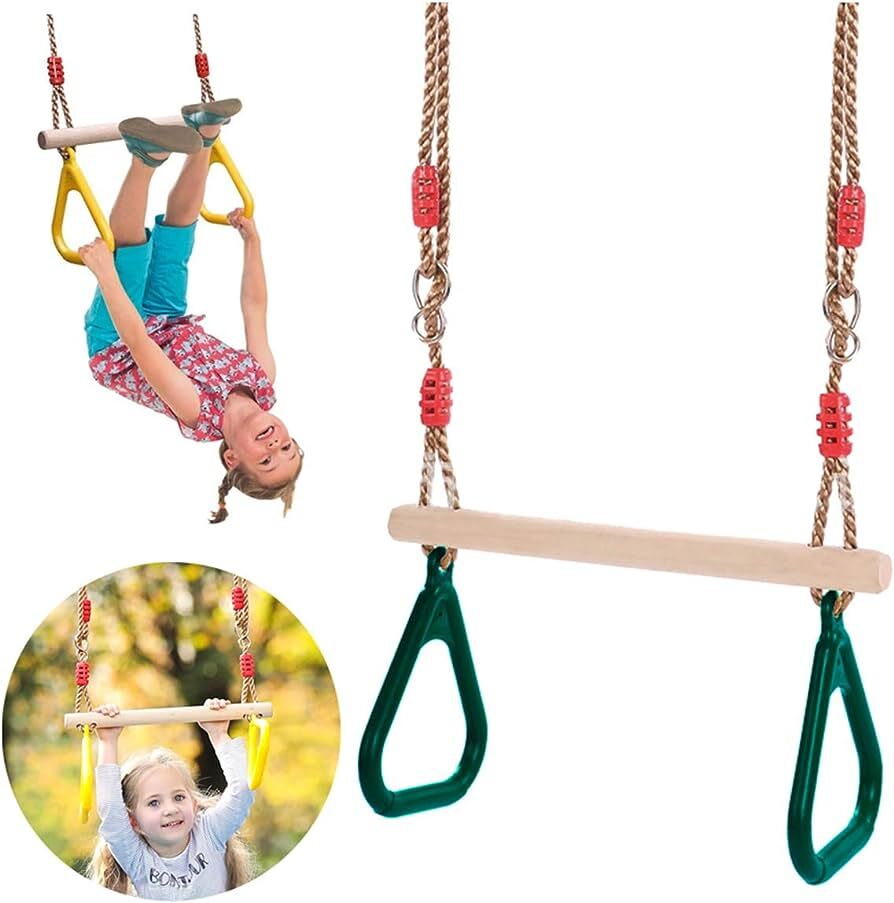 Playground Children's Wooden Trapeze Swing Bar with Plastic Gym Rings
